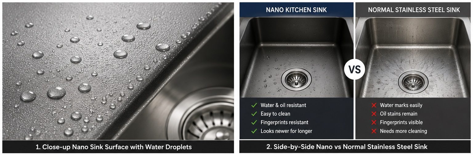 Nano kitchen sink compared with a normal stainless steel kitchen sink